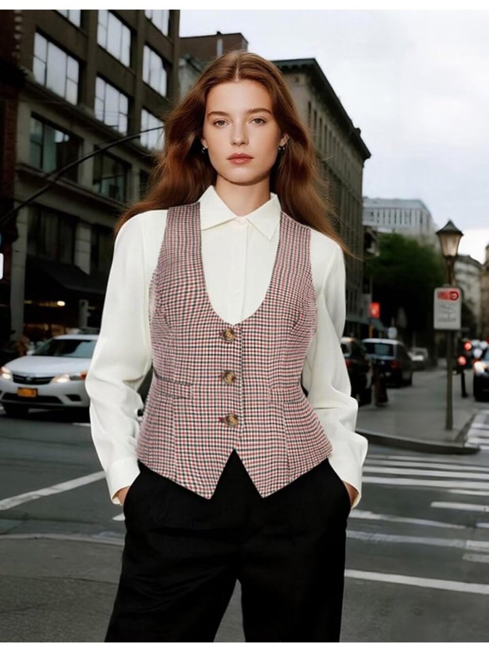 Women's Plaid Red Dressy Casual Sleeveless Button Waistcoat Suit Vest Tops